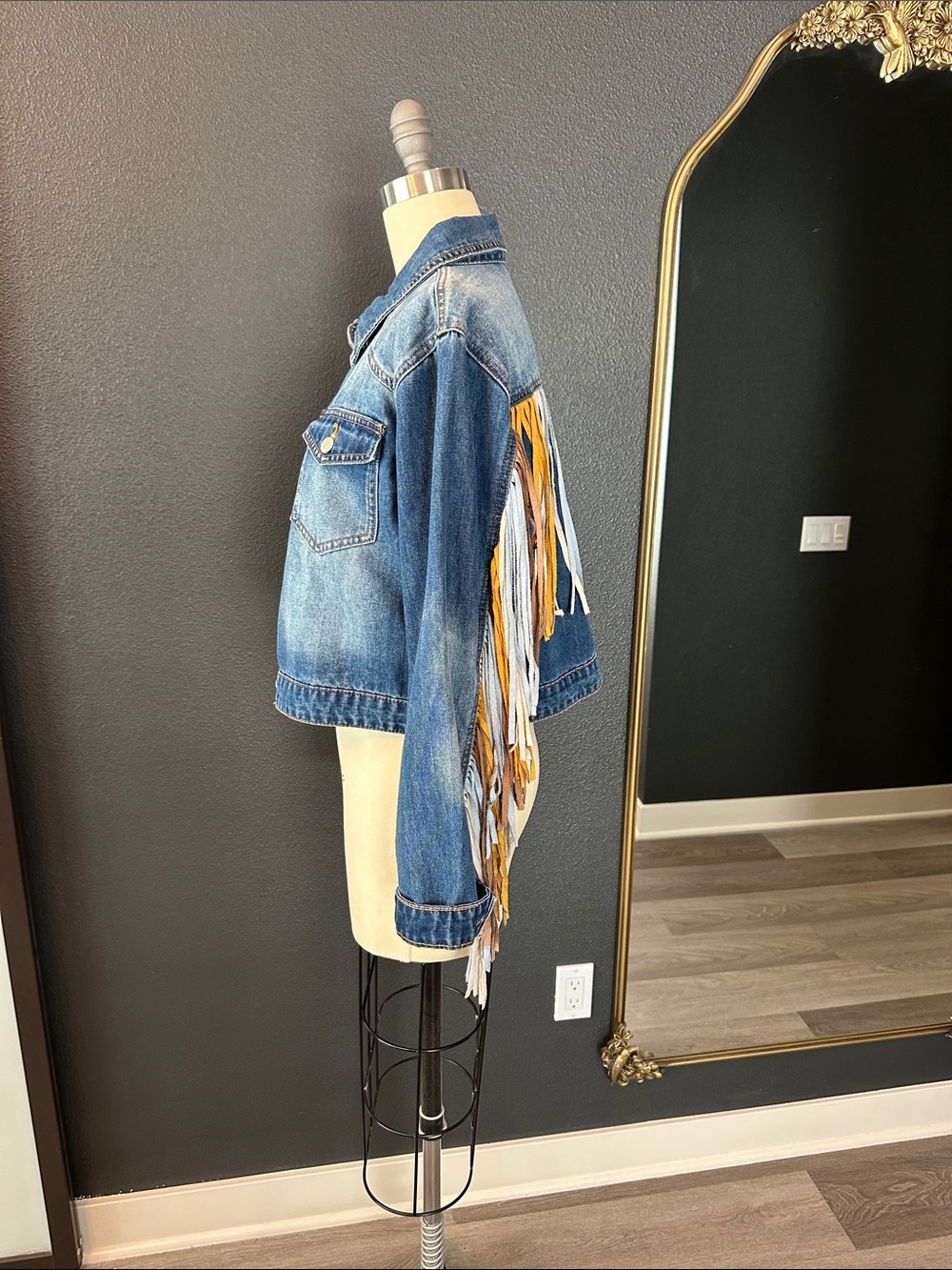 Denim Fringe Cropped Jacket in Blue with Mustard & White Accents western cowboy - Picture 2 of 6